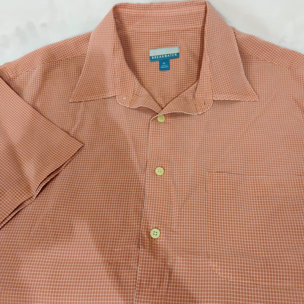 Breakwater Mens XL Short Sleeve Button Down Shirt Orange Grid Modal Rayon